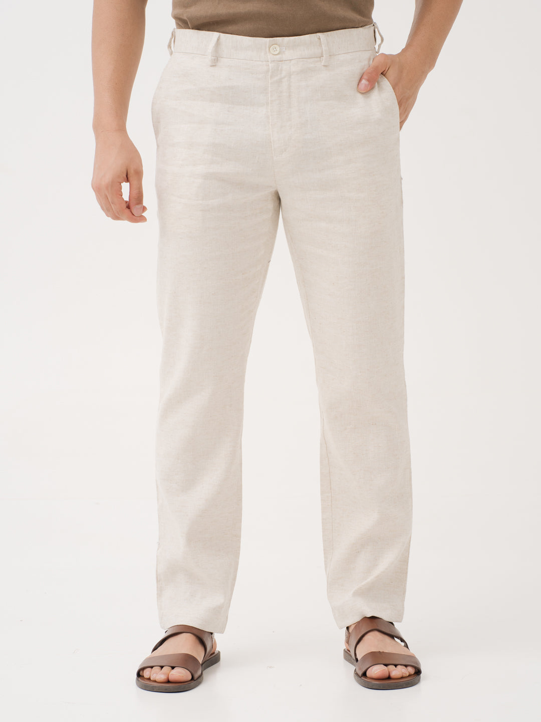 Buy Reflora Cream Linen Sorona Pants For Men Online