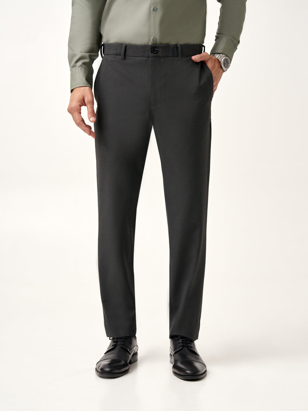 full front view on model wearing Pant Project slate grey stretchable trousers