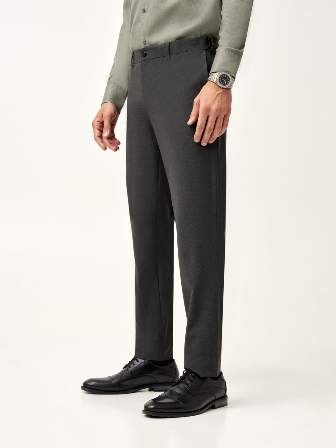 close view of the Pant Project slate grey stretch pants showing stretchable waistband