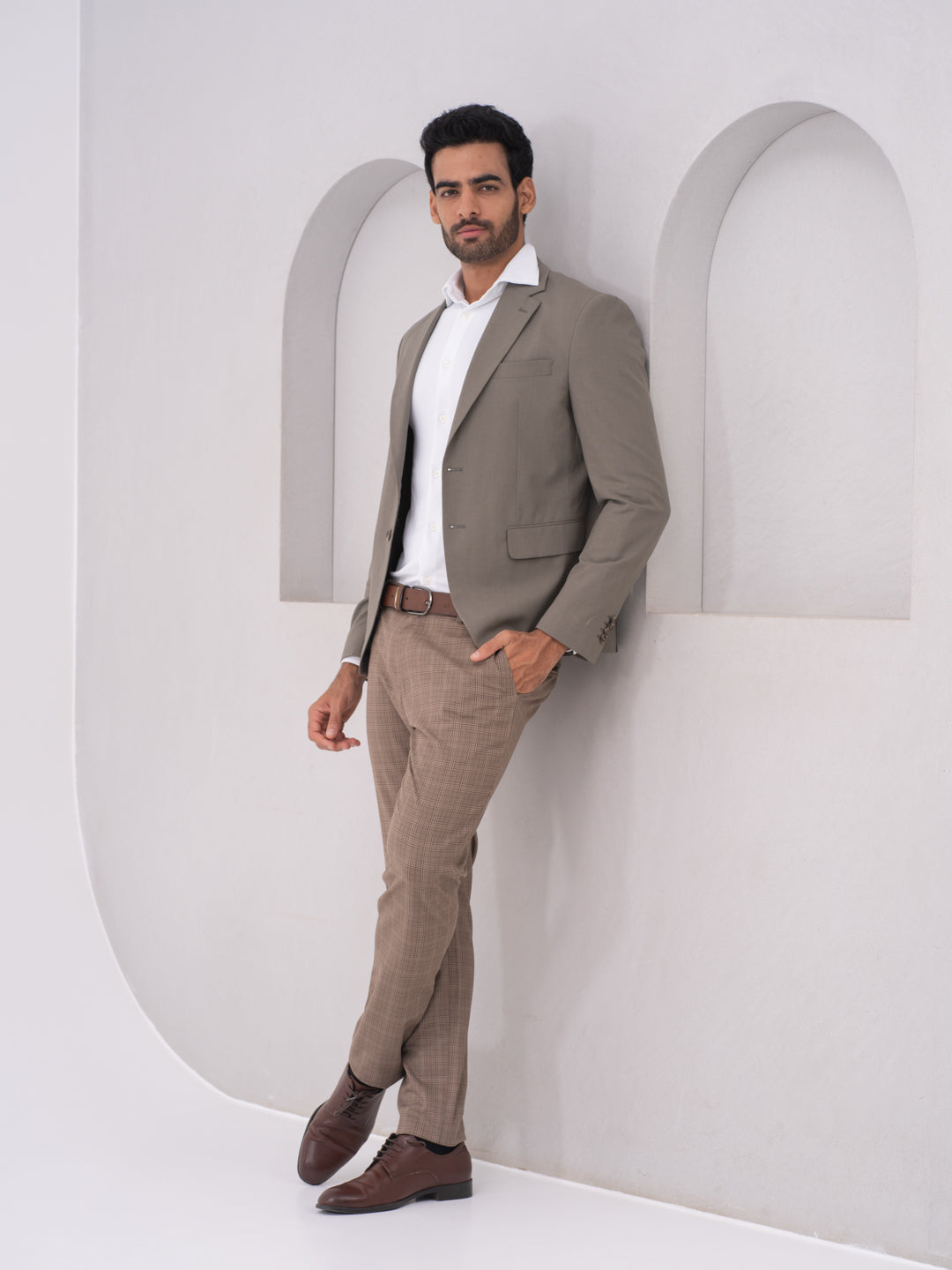 Elk Brown Checks Slim Fit Stretch Formal Pants