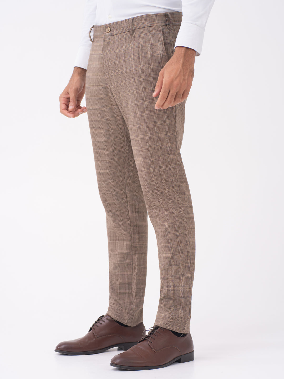 Elk Brown Checks Slim Fit Stretch Formal Pants