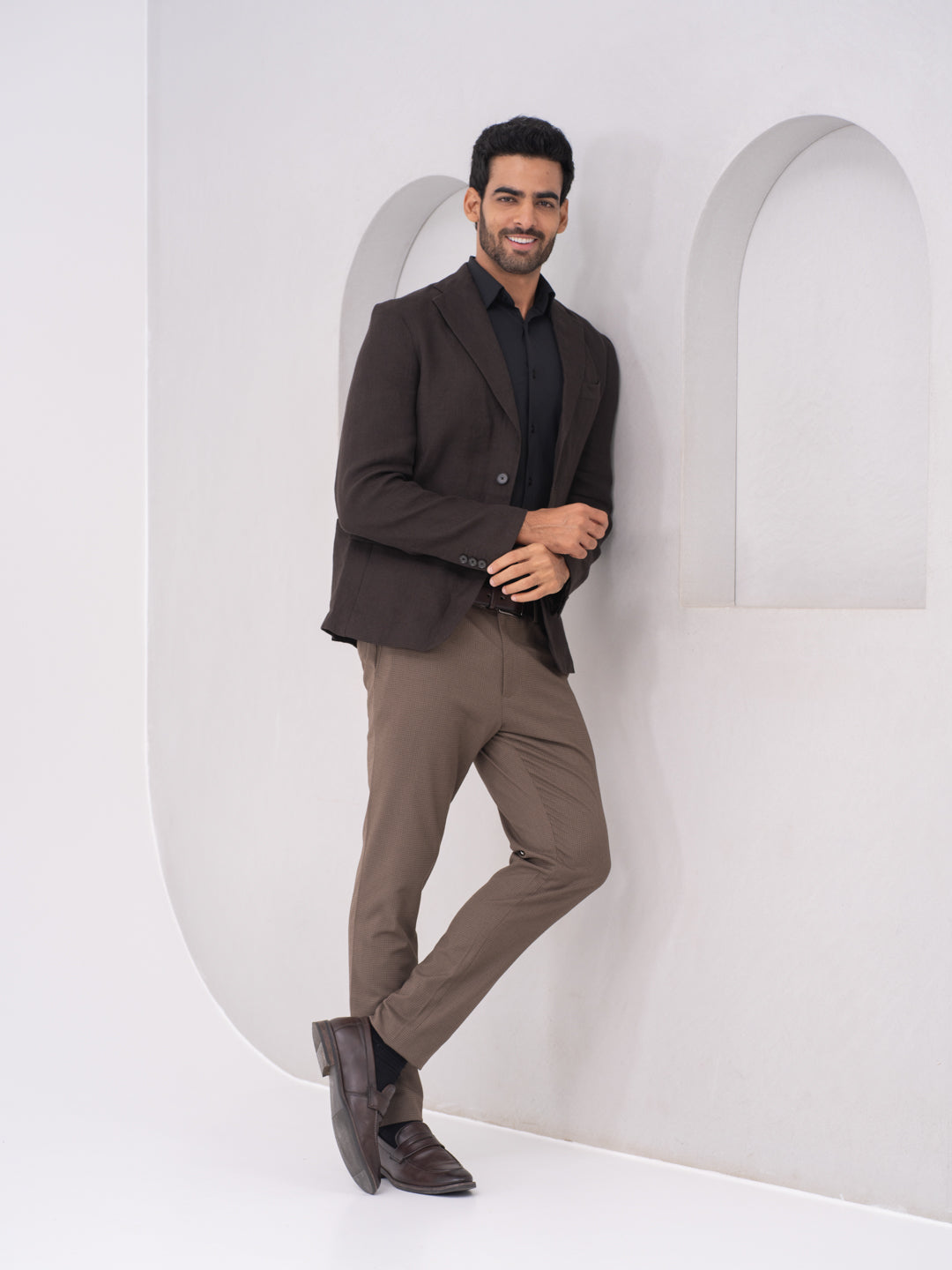 Stag Brown Textured Slim Fit Stretch Formal Pants
