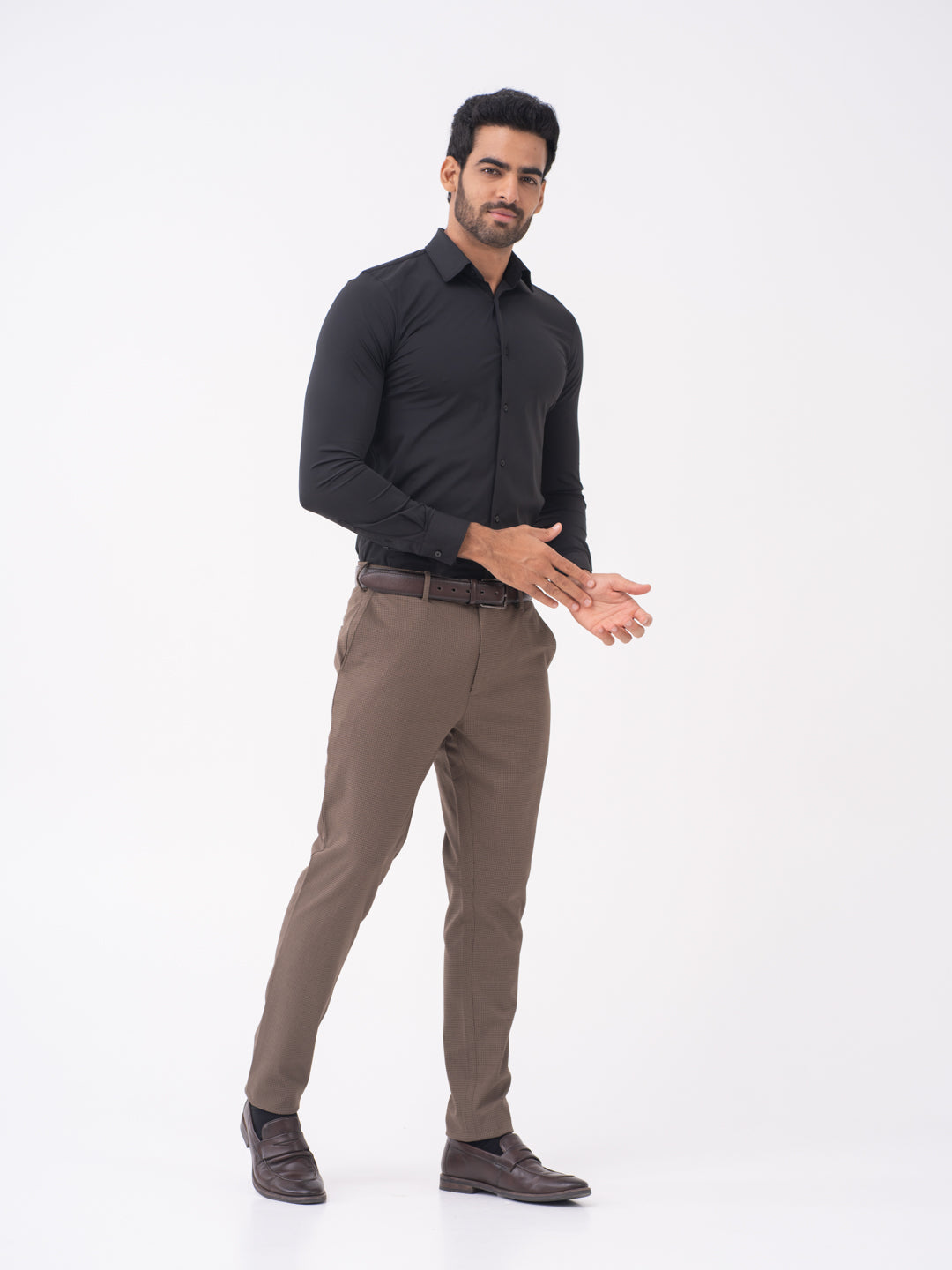 Stag Brown Textured Slim Fit Stretch Formal Pants