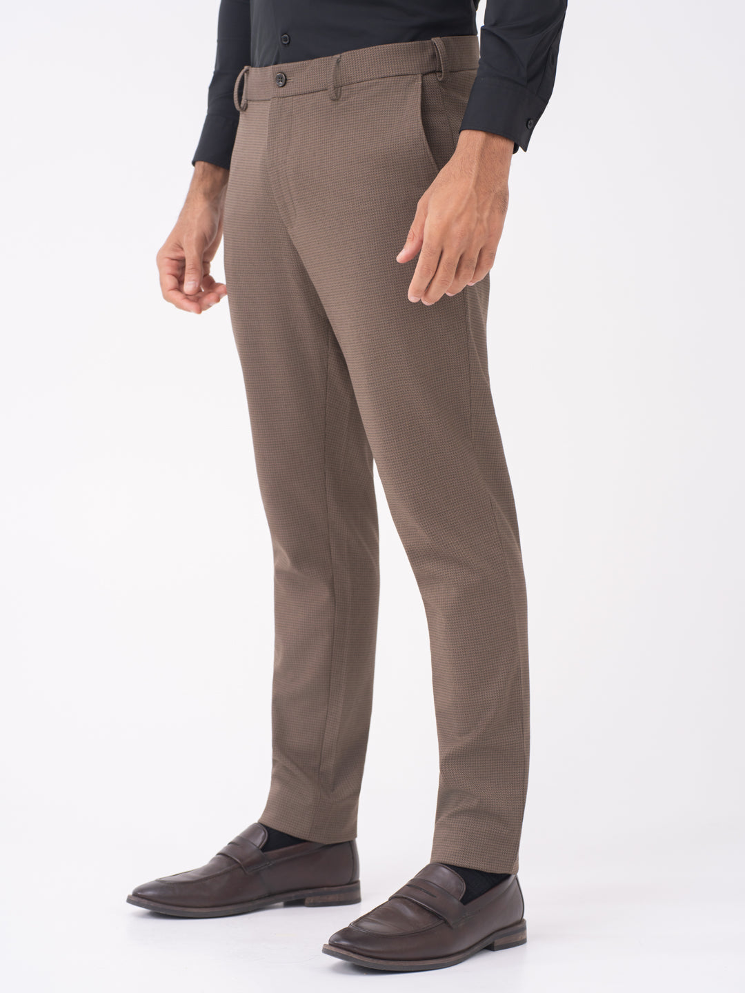 Stag Brown Textured Slim Fit Stretch Formal Pants