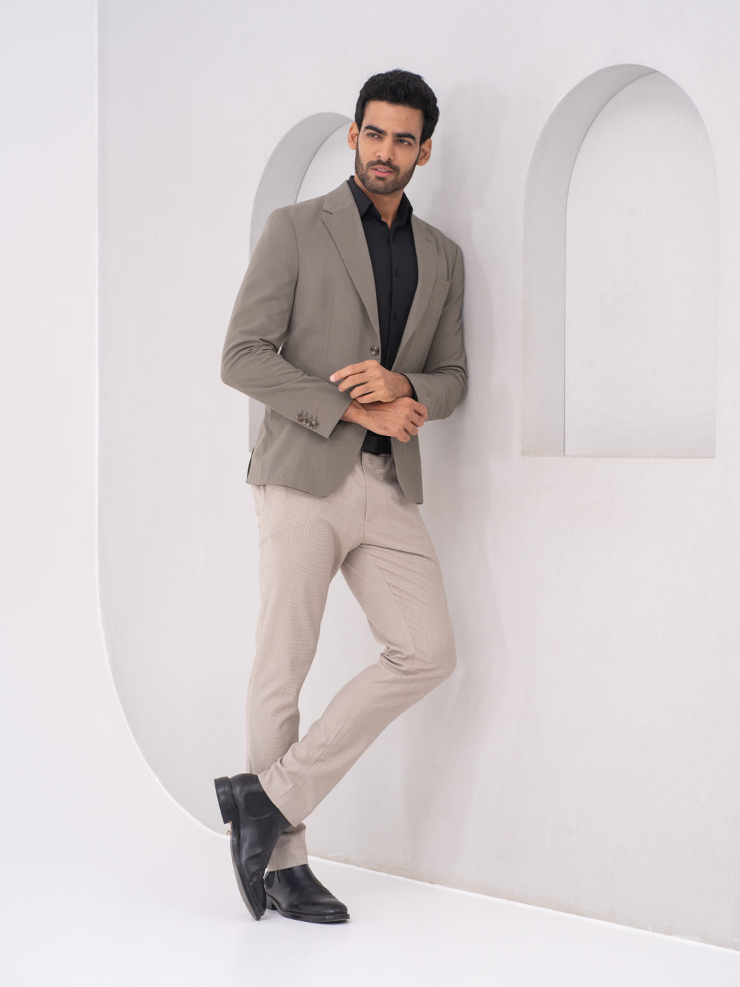 Bison Beige Textured Slim Fit Stretch Formal Pants