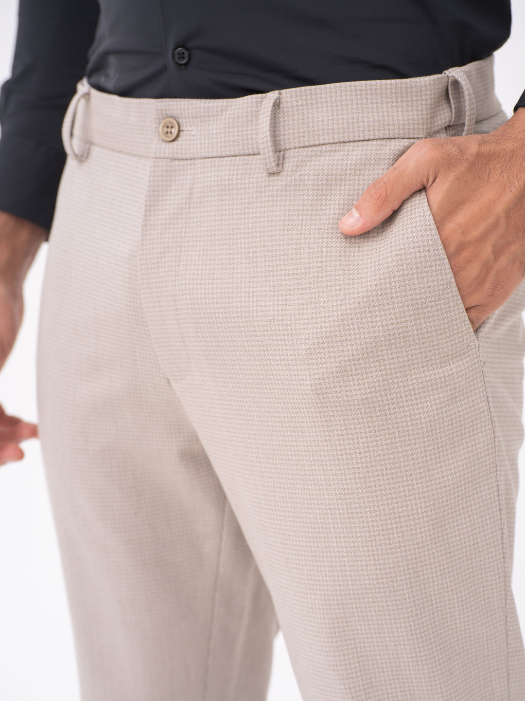 Bison Beige Textured Slim Fit Stretch Formal Pants