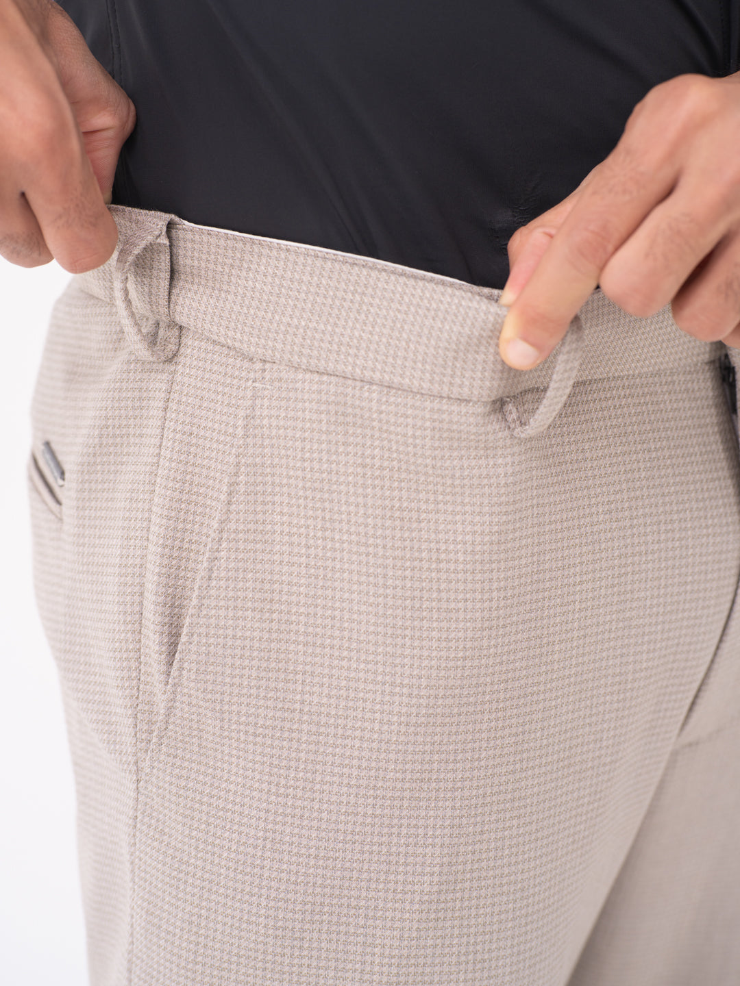 Bison Beige Textured Slim Fit Stretch Formal Pants