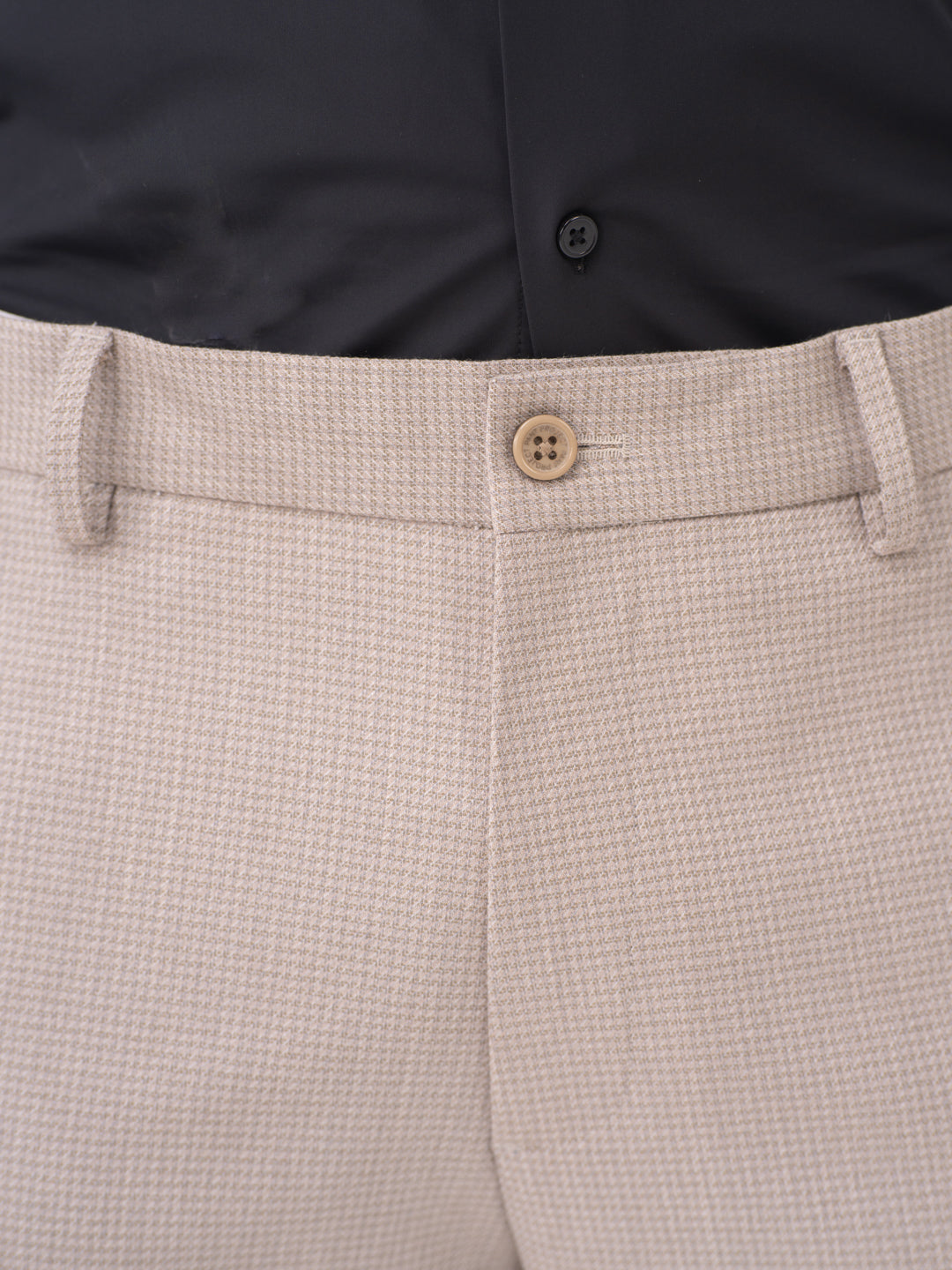 Bison Beige Textured Slim Fit Stretch Formal Pants