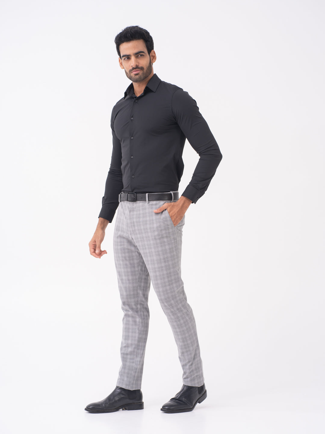 Lynx Grey Checks Slim Fit Stretch Formal Pants