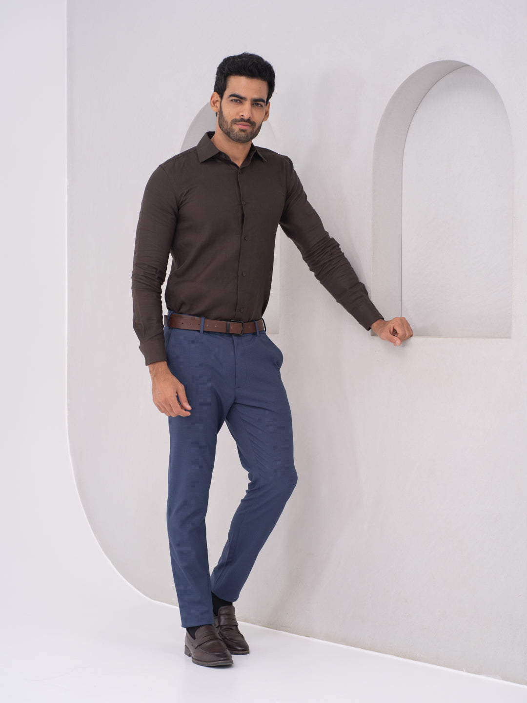 Nightingale Navy Textured Slim Fit Stretch Formal Pants