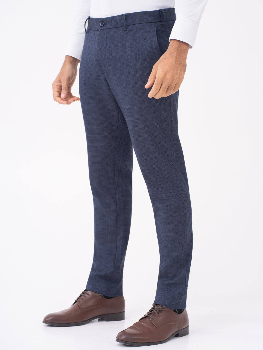 Finch Navy Checks Slim Fit Stretch Formal Pants