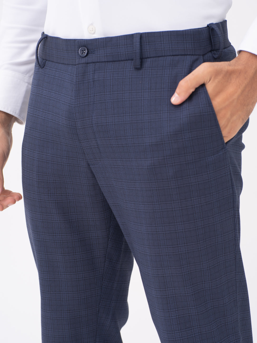 Finch Navy Checks Slim Fit Stretch Formal Pants