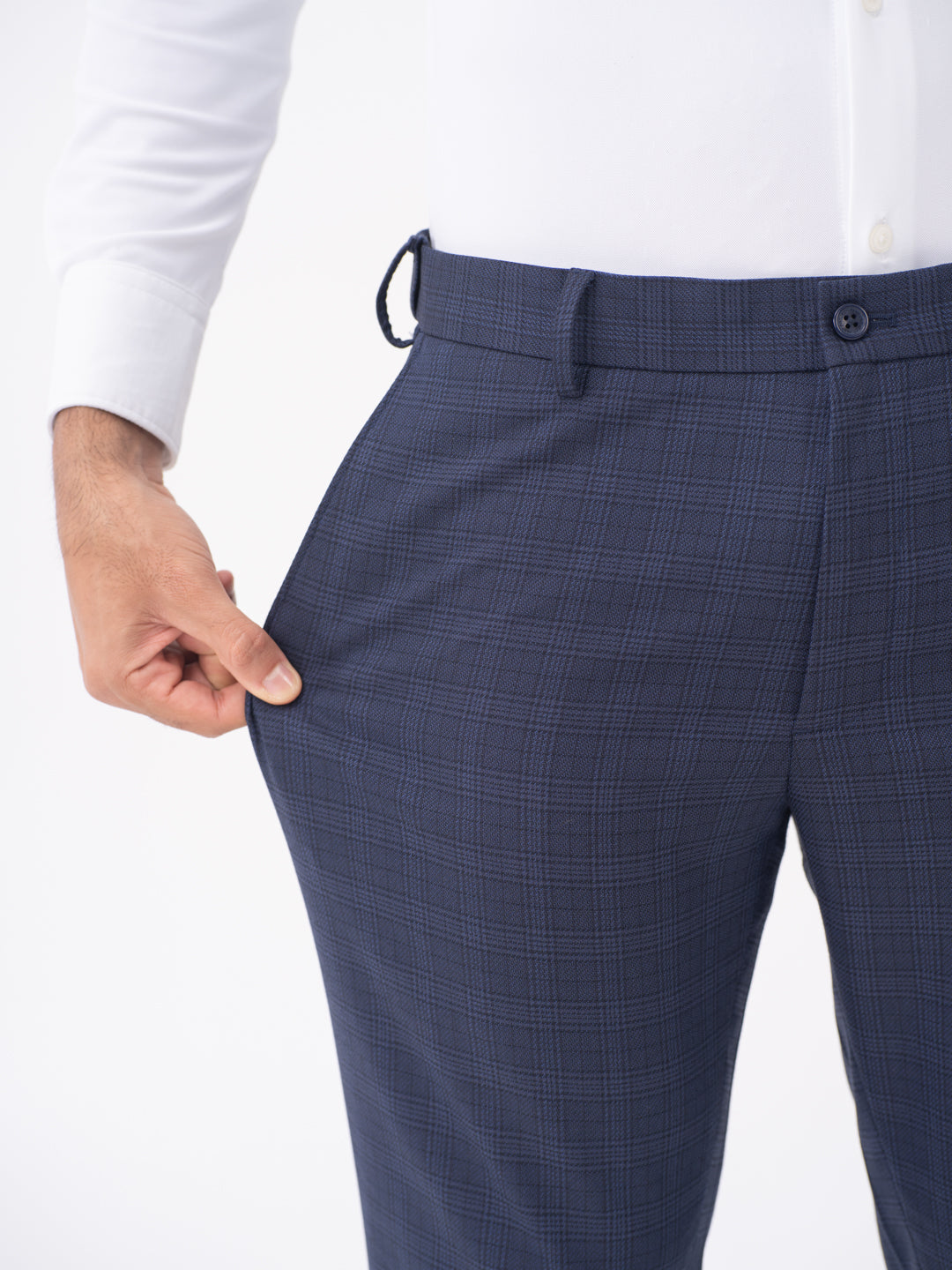 Finch Navy Checks Slim Fit Stretch Formal Pants