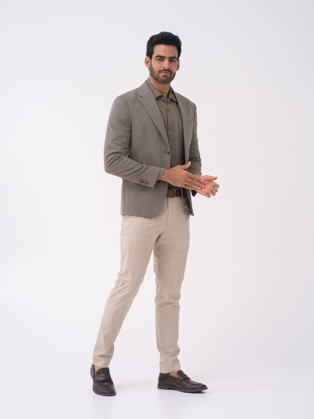 Sandpiper Beige Checks Slim Fit Stretch Formal Pants