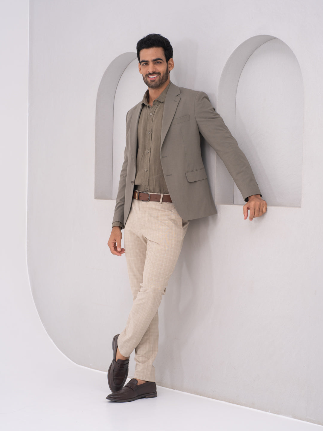 Sandpiper Beige Checks Slim Fit Stretch Formal Pants