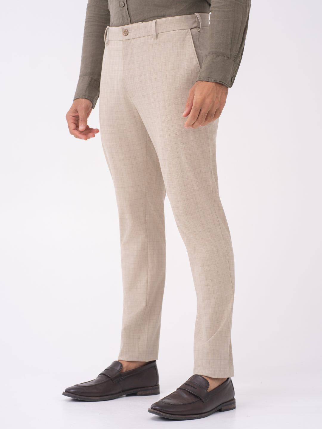 Sandpiper Beige Checks Slim Fit Stretch Formal Pants