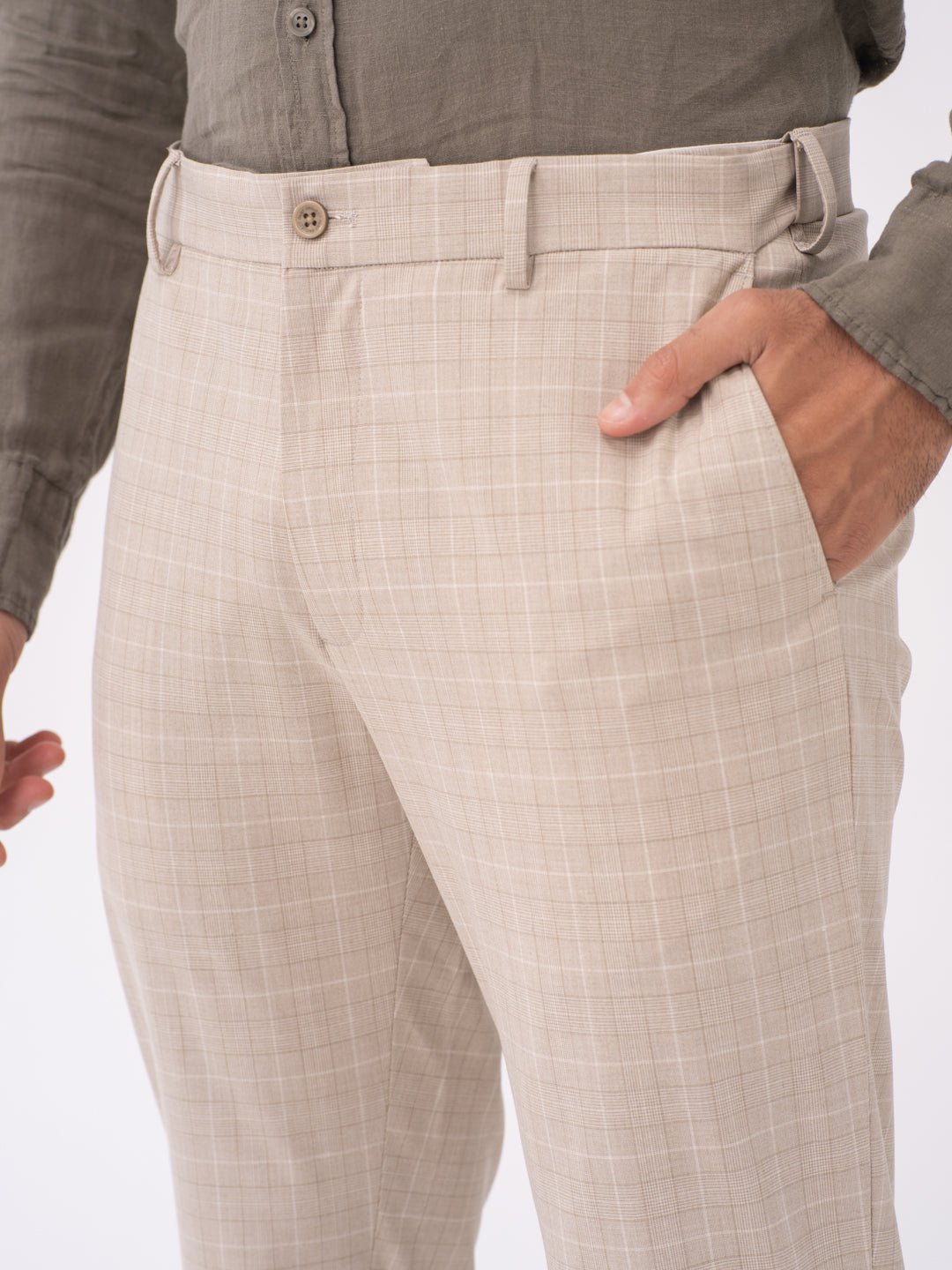 Sandpiper Beige Checks Slim Fit Stretch Formal Pants