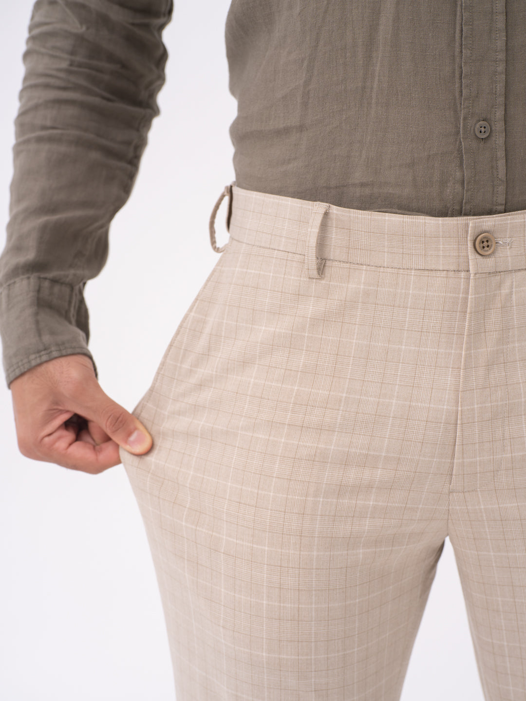 Sandpiper Beige Checks Slim Fit Stretch Formal Pants