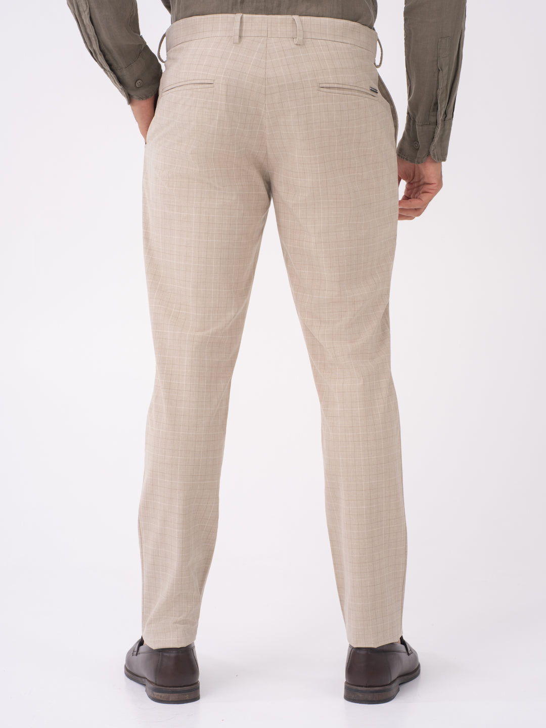 Sandpiper Beige Checks Slim Fit Stretch Formal Pants