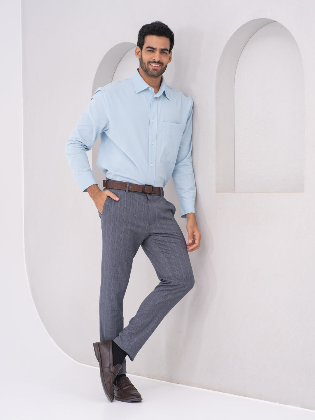 Mockingbird Grey Checks Slim Fit Stretch Formal Pants