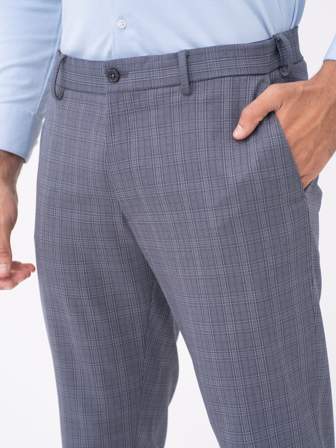 Mockingbird Grey Checks Slim Fit Stretch Formal Pants