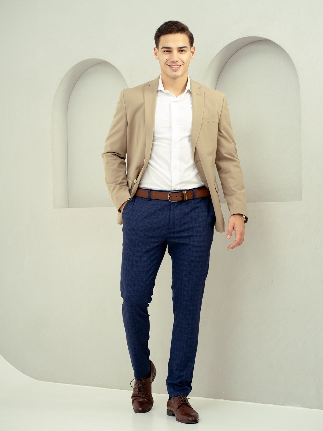 front view of blue check pant by pant project with smart casual style
