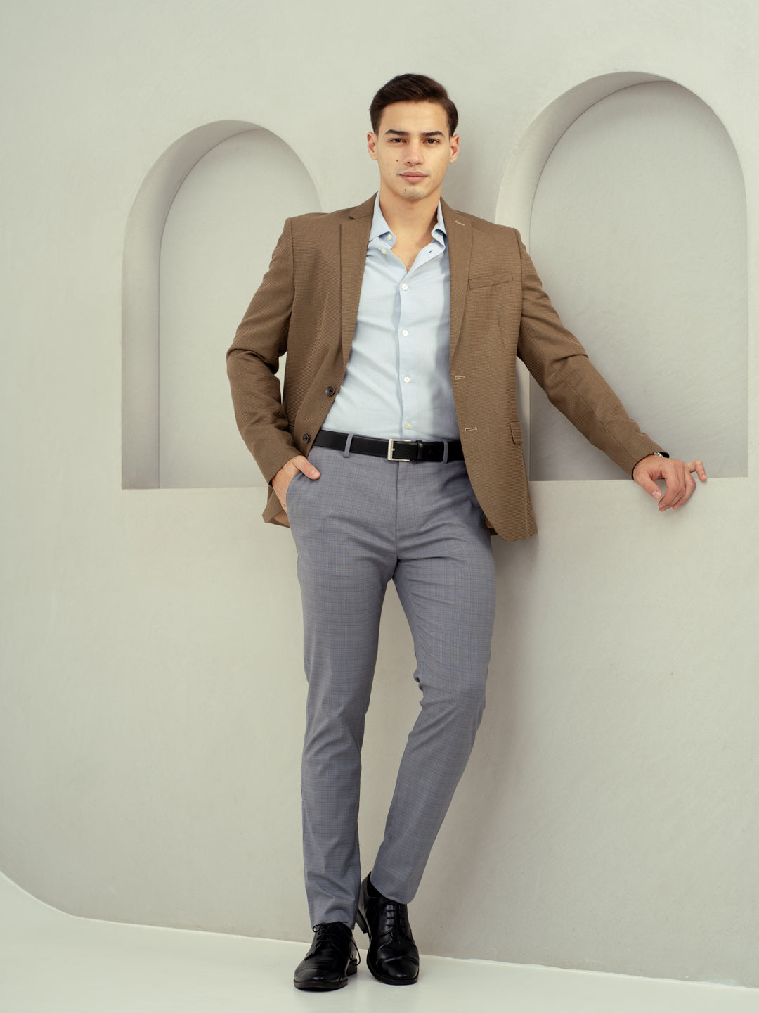 front view of grey check pant by pant project showcasing tailored fit