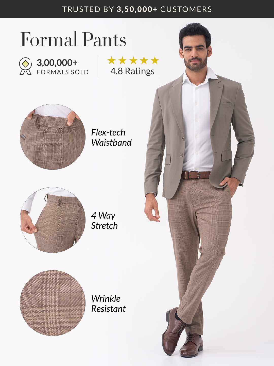 Elk Brown Checks Slim Fit Stretch Formal Pants