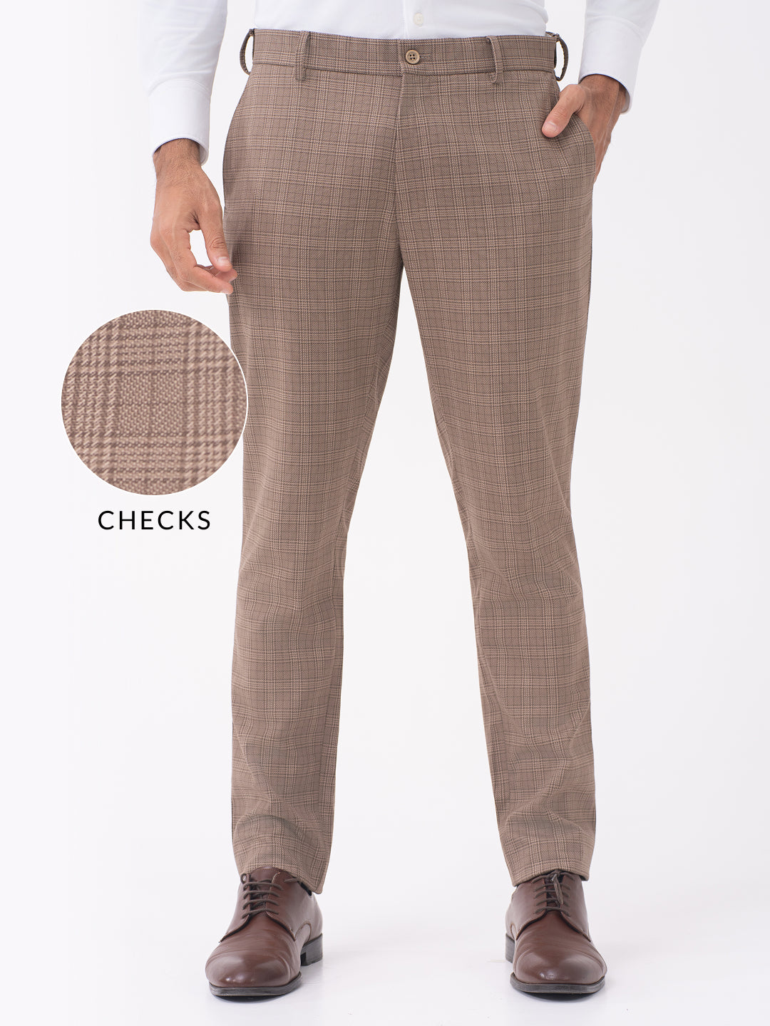 Elk Brown Checks Slim Fit Stretch Formal Pants
