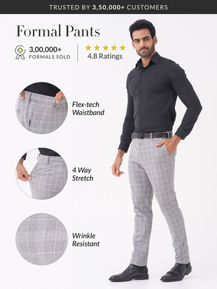 Lynx Grey Checks Slim Fit Stretch Formal Pants