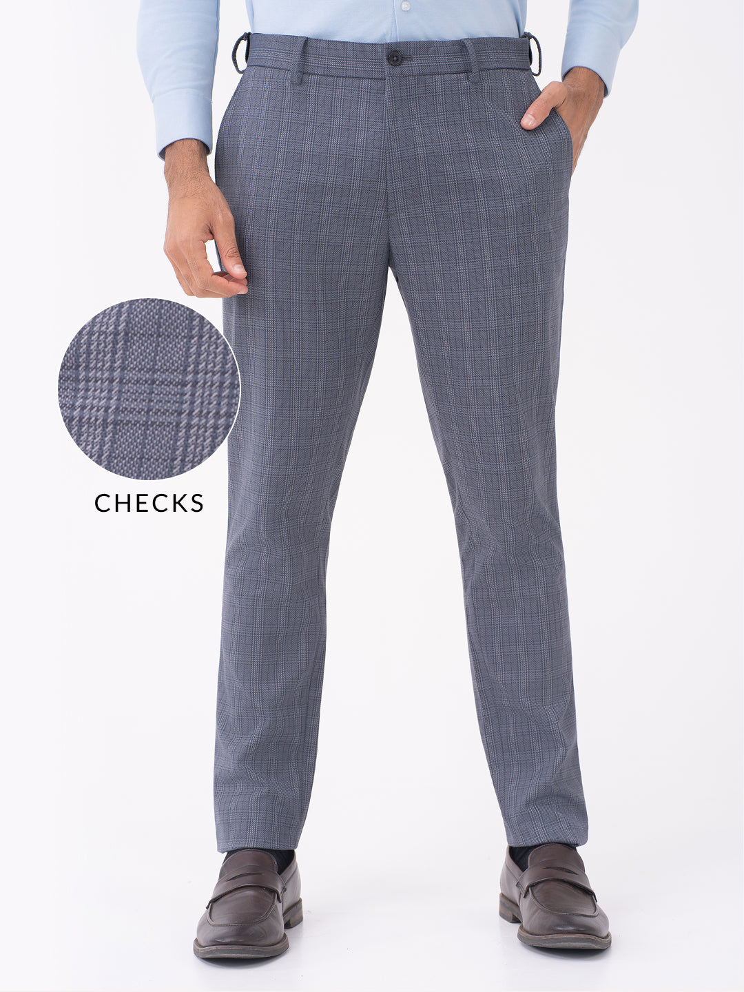 Mockingbird Grey Checks Slim Fit Stretch Formal Pants