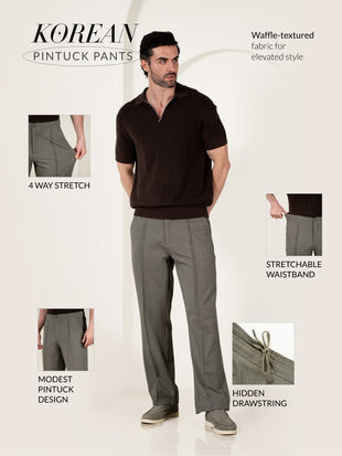 Viren Green Relaxed Fit Power-Stretch Korean Pintuck Pants