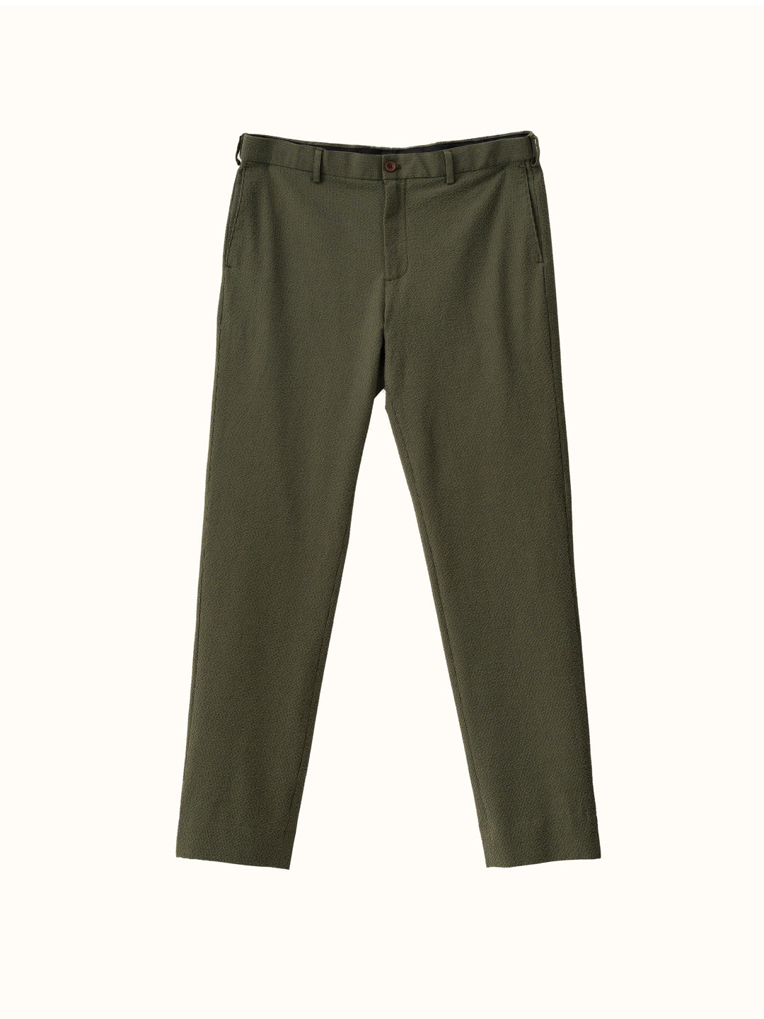 flat lay of Pant Project's green stretchable chandigarh seer sucker trousers