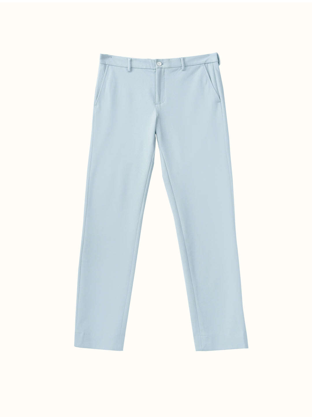 flat lay of light blue pants with a sleek finish, from the Pant Project, go blue collection