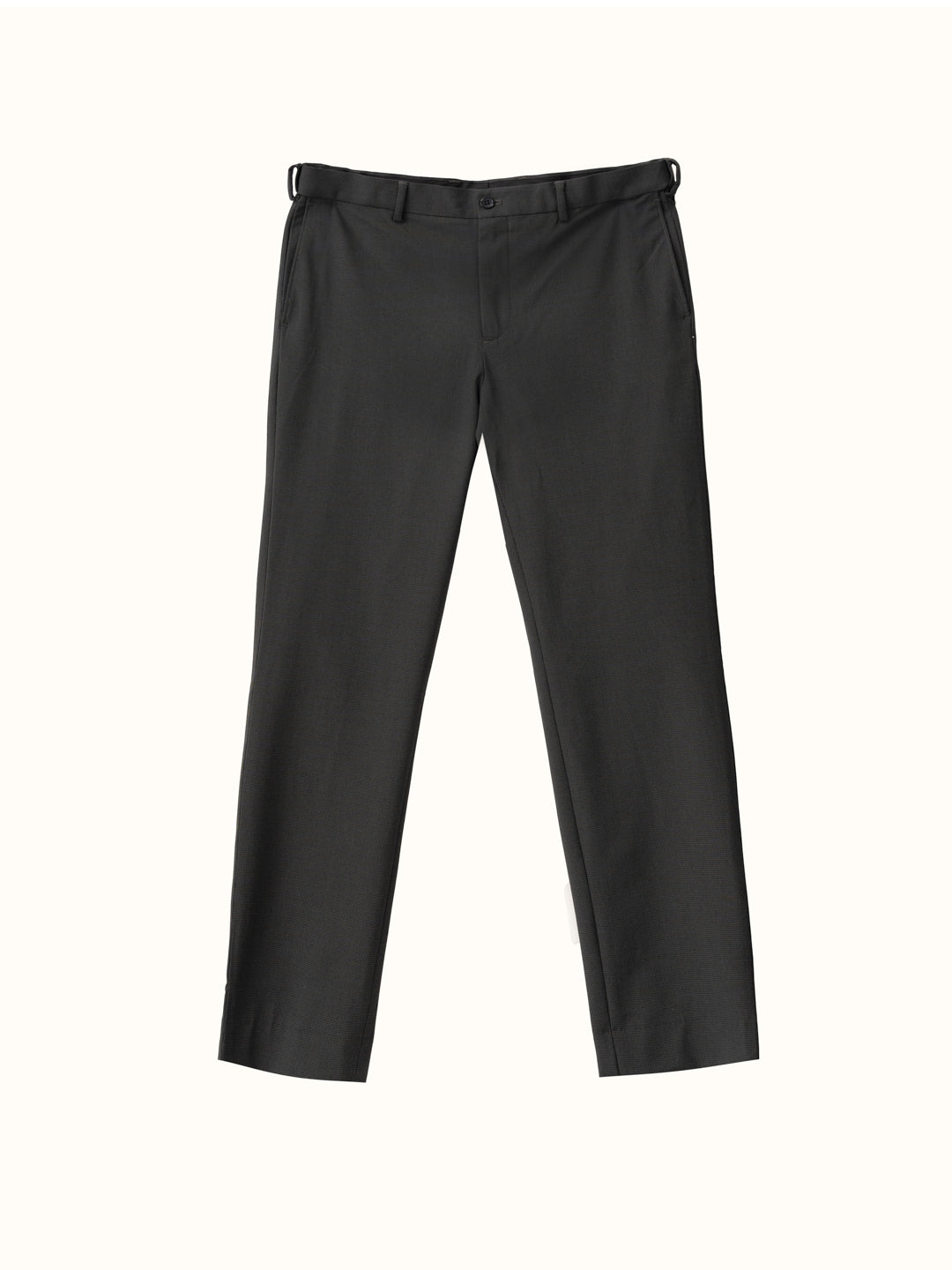 close-up front view on model wearing Pant Project slate grey trousers