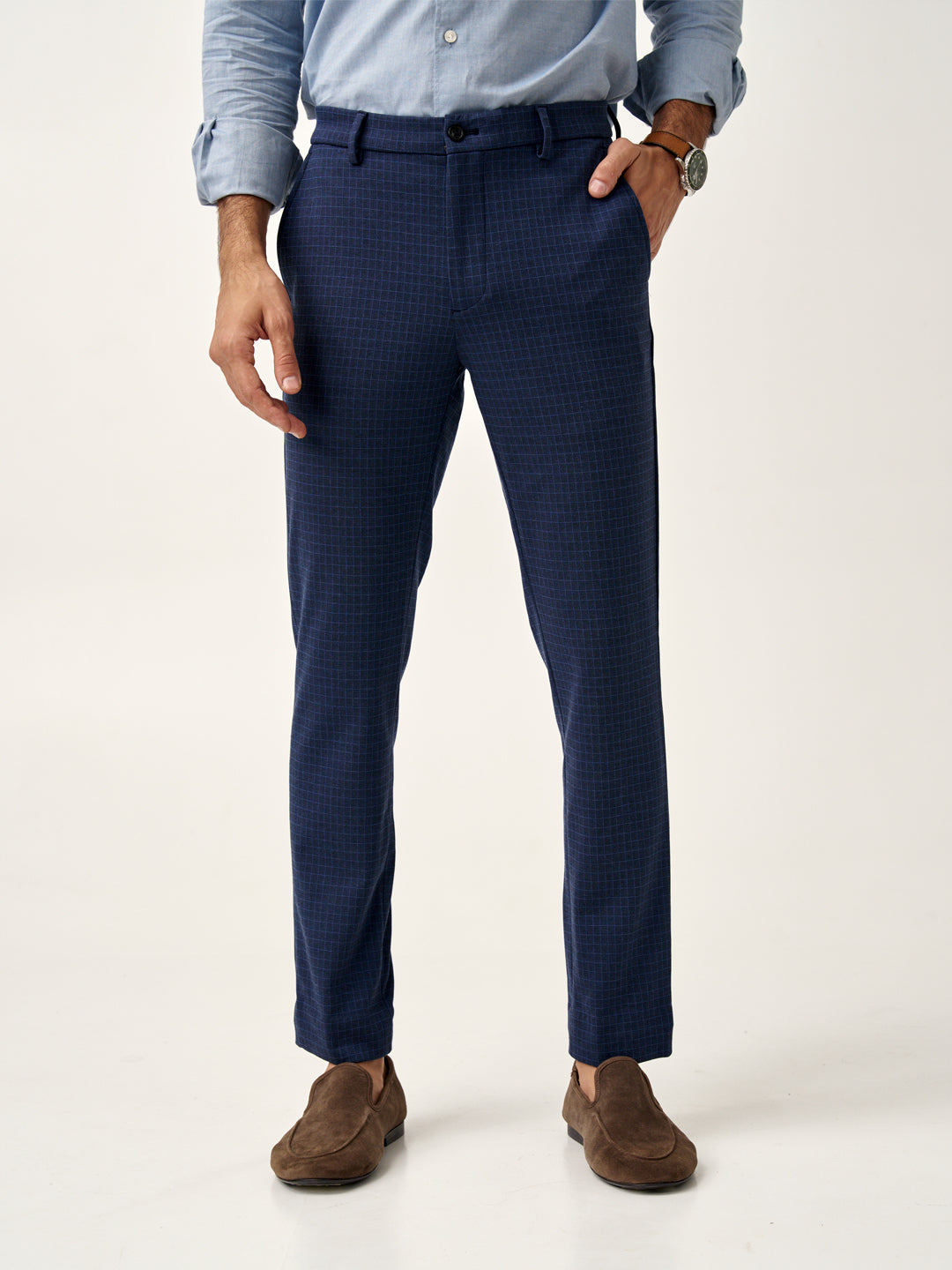 Udaipur Blue Checks Slim Fit Power Stretch Pants