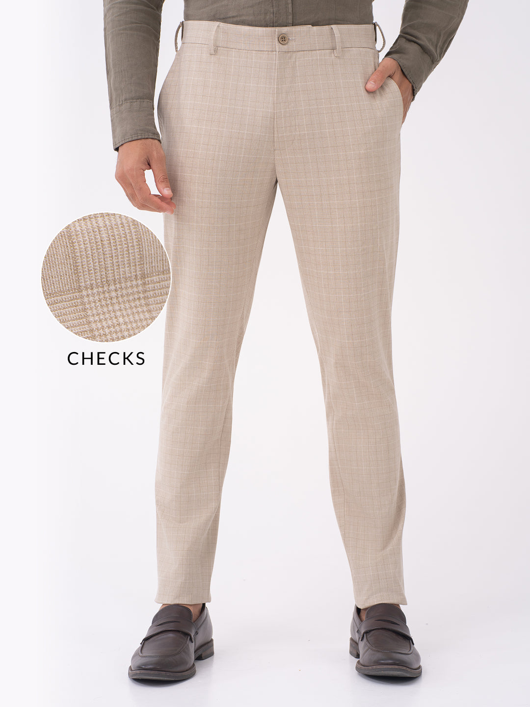 Sandpiper Beige Checks Slim Fit Stretch Formal Pants