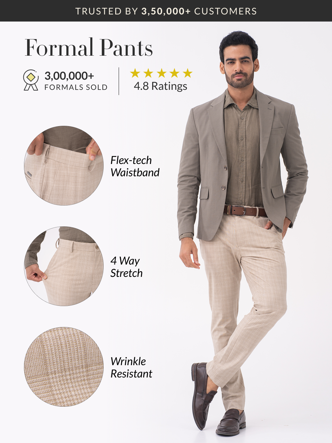 Sandpiper Beige Checks Slim Fit Stretch Formal Pants