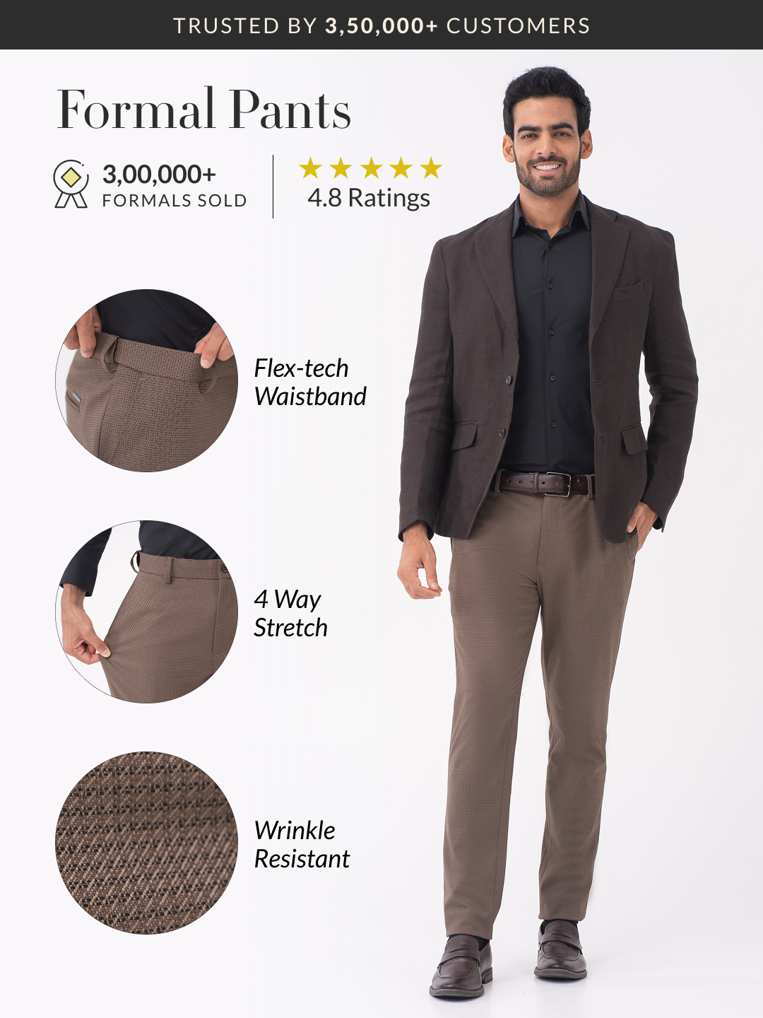 Stag Brown Textured Slim Fit Stretch Formal Pants