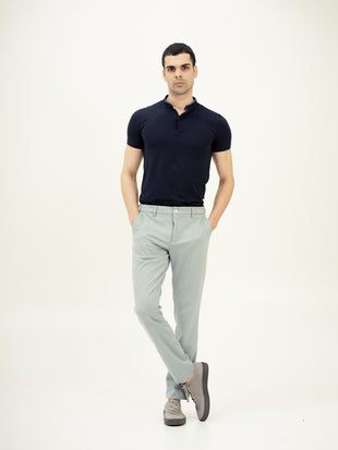 Front view of blue stretchable trousers by pant project, focusing on the slim fit and tailored design