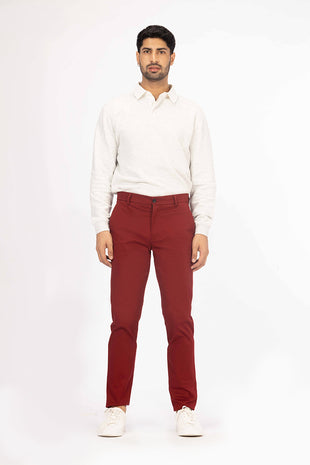 front view of red chino by pant project with classic fit
