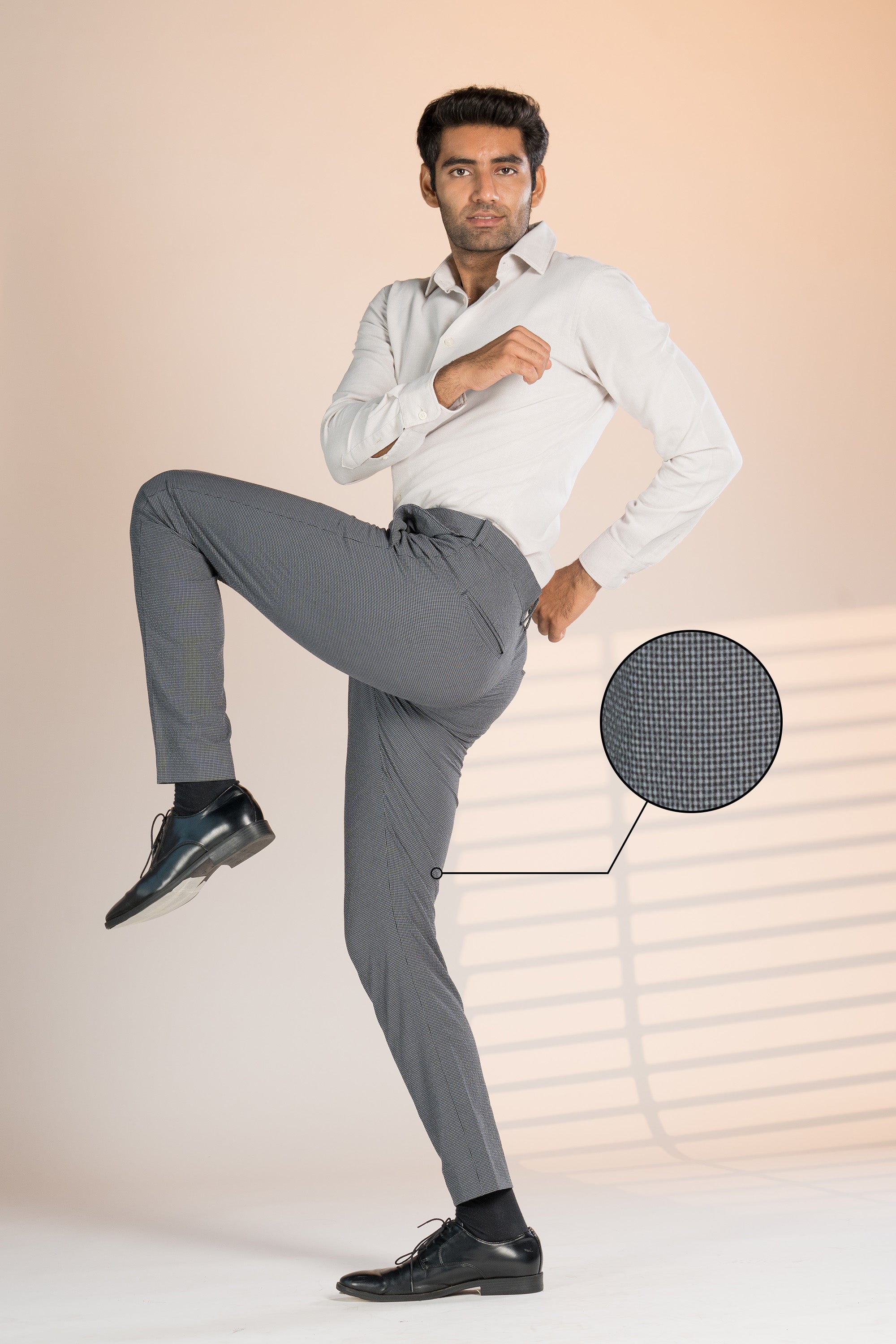 checked gray trousers