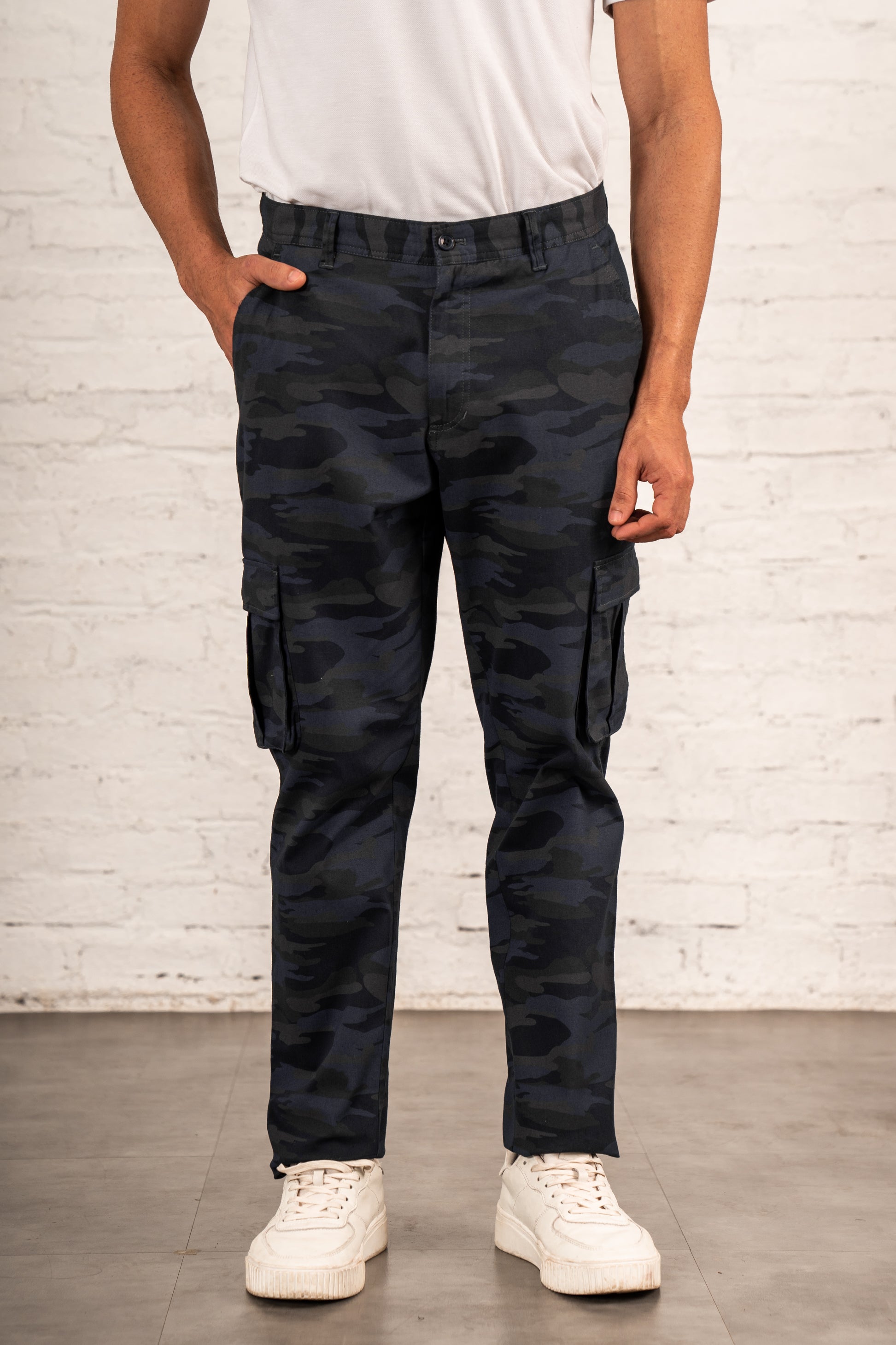 stretch navy camo cargo pants