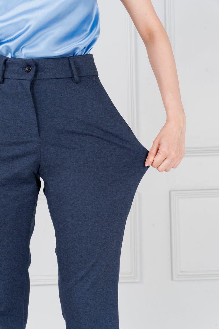 blue stretch pants outfit