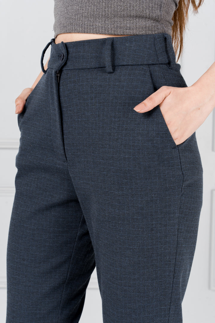 Buy Women's Navy Blue Checks Stretch Trouser Online in India