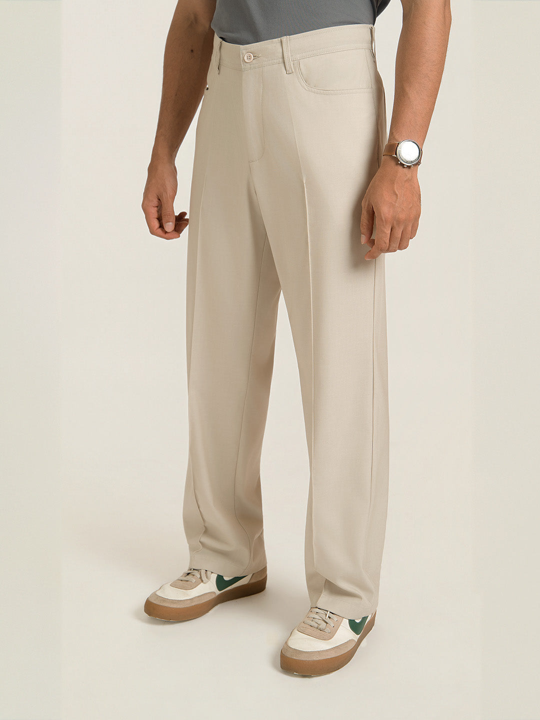 Korean Cream Relaxed Fit Pintuck Pants