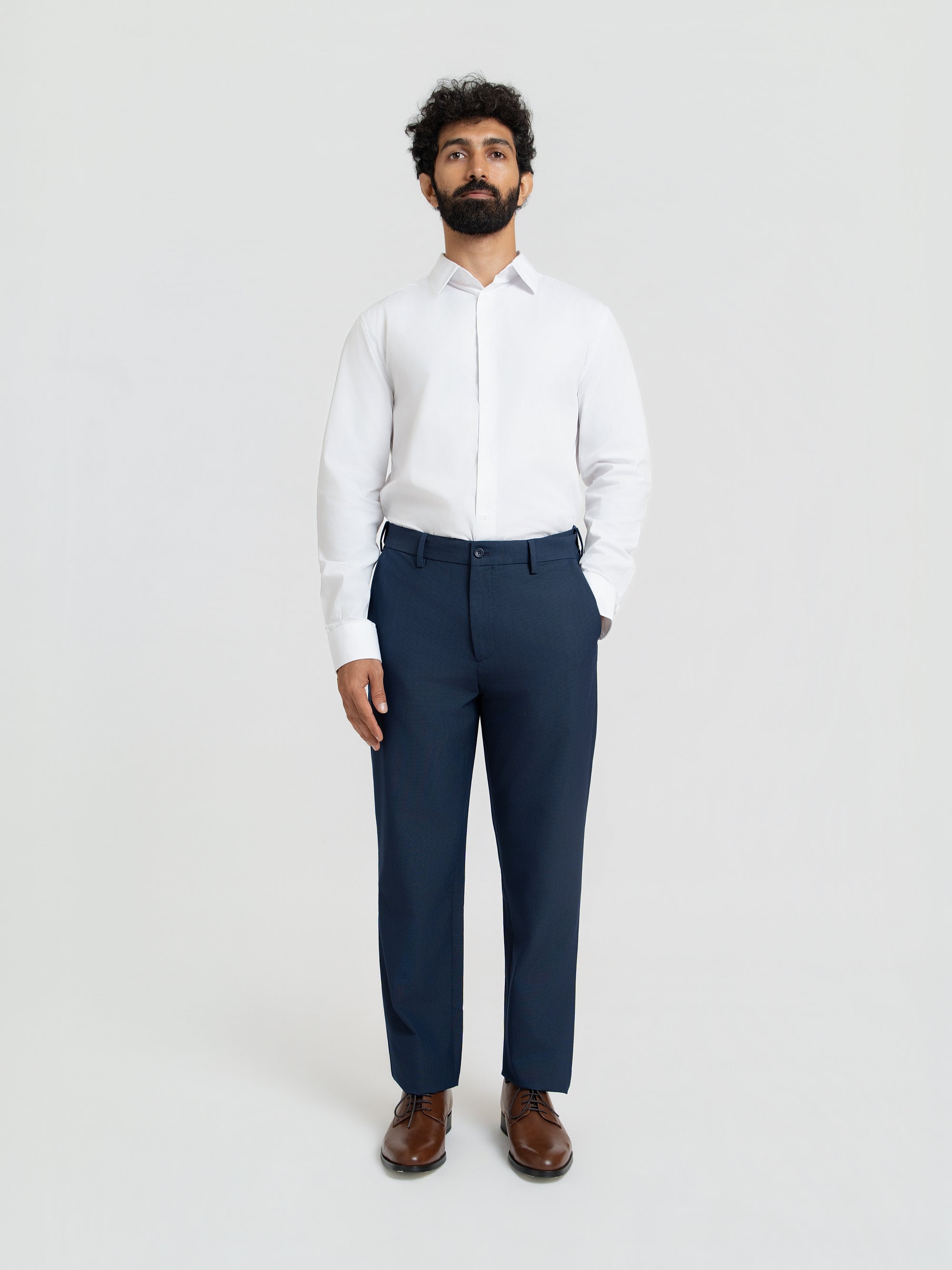 Trench Blue Micro Checks Relaxed Fit Formal Trousers