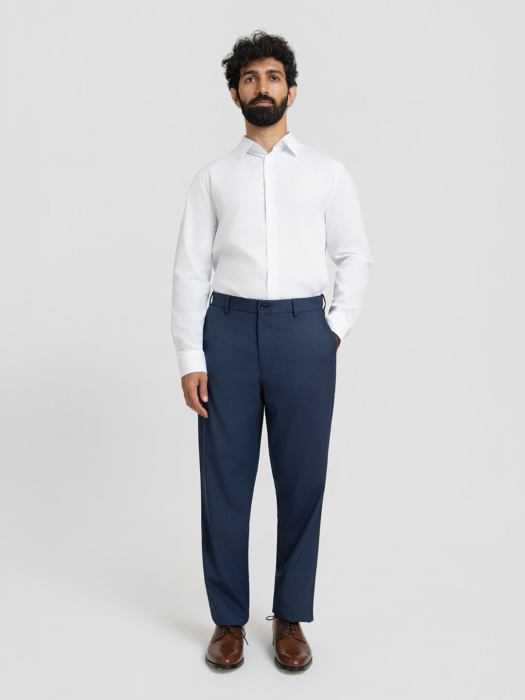 Offshore Blue Mini Checks Relaxed Fit Formal Trousers
