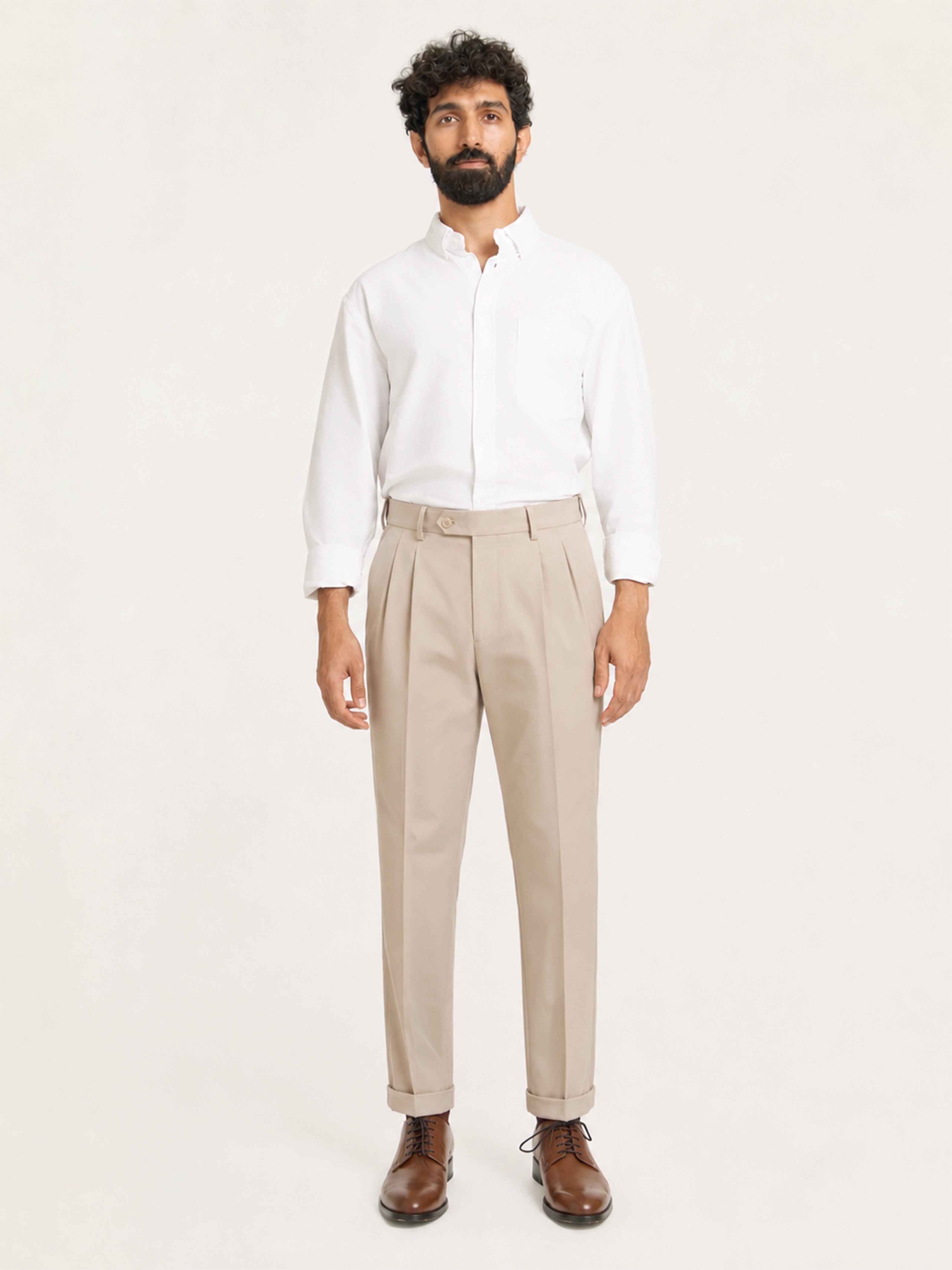 Buy Men Beige Straight Fit Pleated Formal Trousers