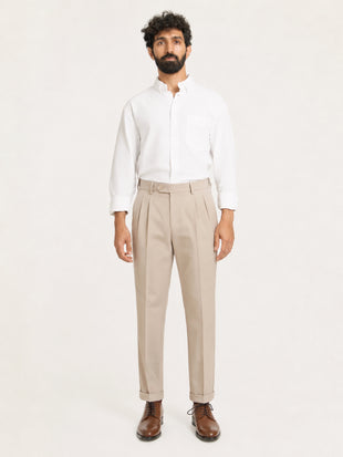 Japanese Beige Straight Fit Pleated Formal Trousers